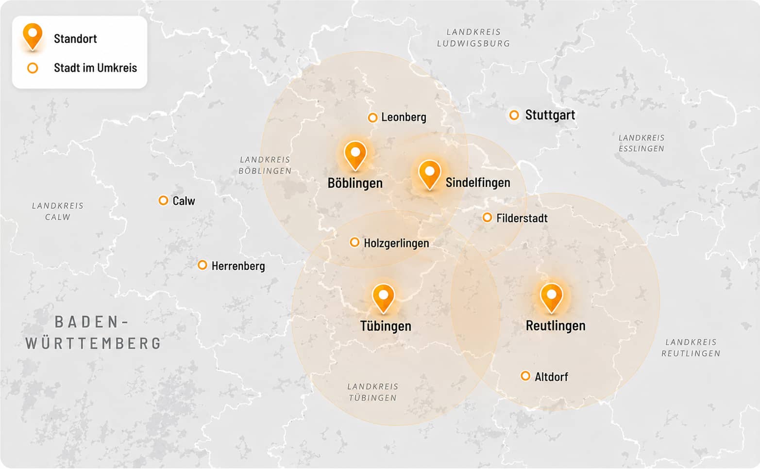karte mit umkreis stuttgart, böblingen, tübingen und nordschwarzwald
